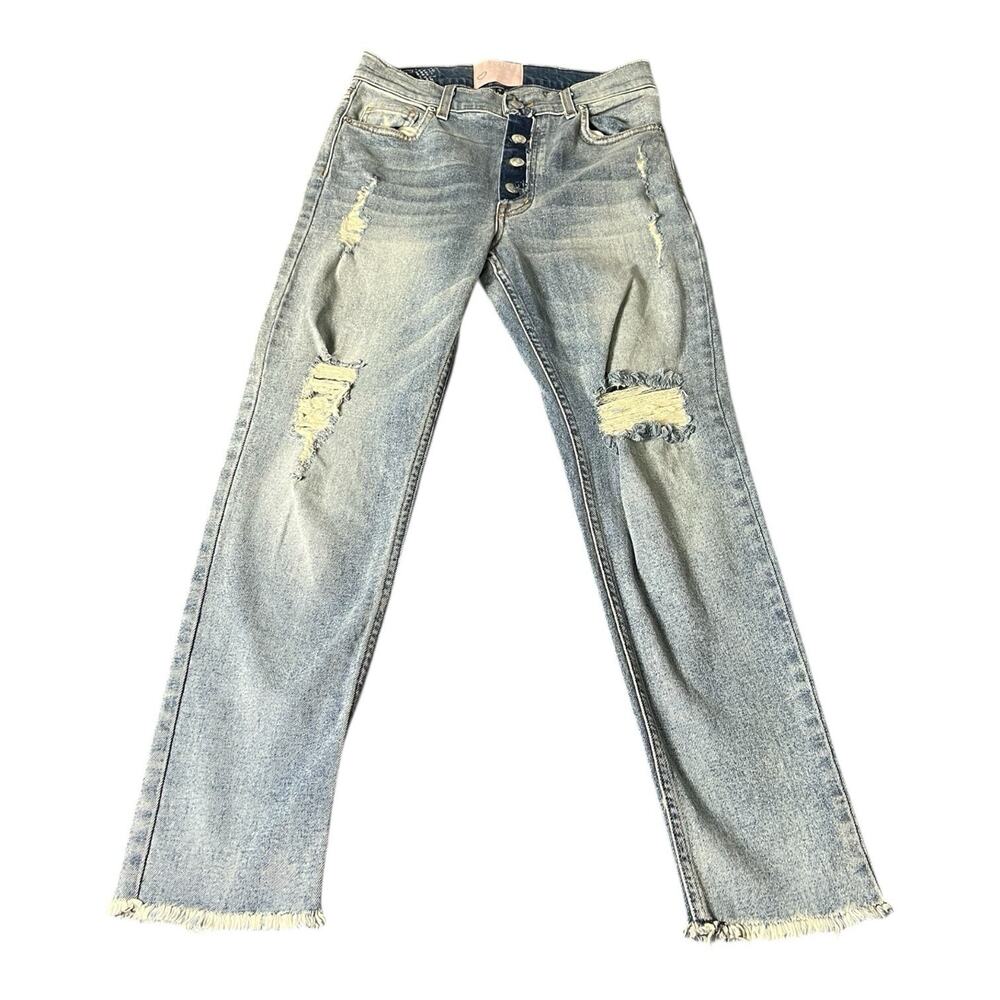 Revice Blue Distressed Button Fly Raw Hem Jeans Womens High Rise Size 28 Y2K USA